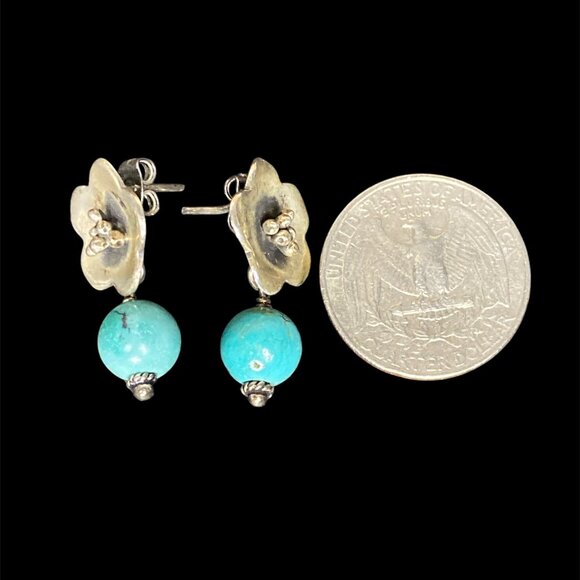 Southwestern Flower & Dangling Turquoise Beads Sterling Signed JRI 925 Earrings - Picture 2 of 4